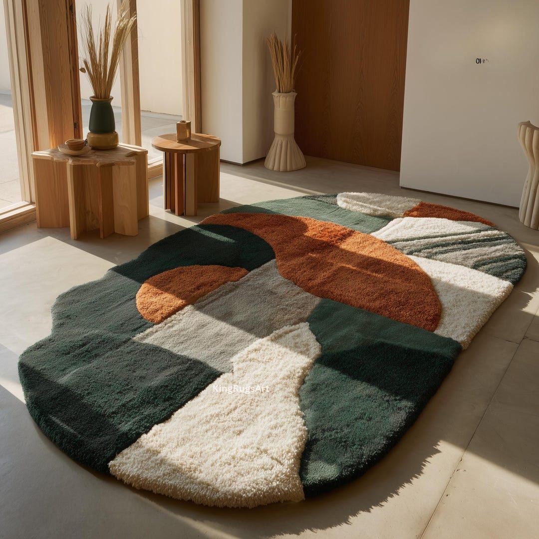Modern Abstract Wool Rug | Irregular Shape Green Rust Cream Hand-tufted ...