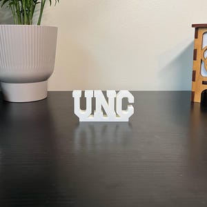 May include: A white, block-lettered "UNC" sign stands on a dark surface. A vintage Polaroid camera with a rainbow stripe and a large white planter with a plant are on the left. A wooden decorative piece is on the right.