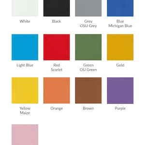 May include: A color chart featuring squares of various colors, including white, black, grey, blue, light blue, red, green, gold, yellow, orange, brown, purple, and pink. Each square is labeled with its corresponding color name.