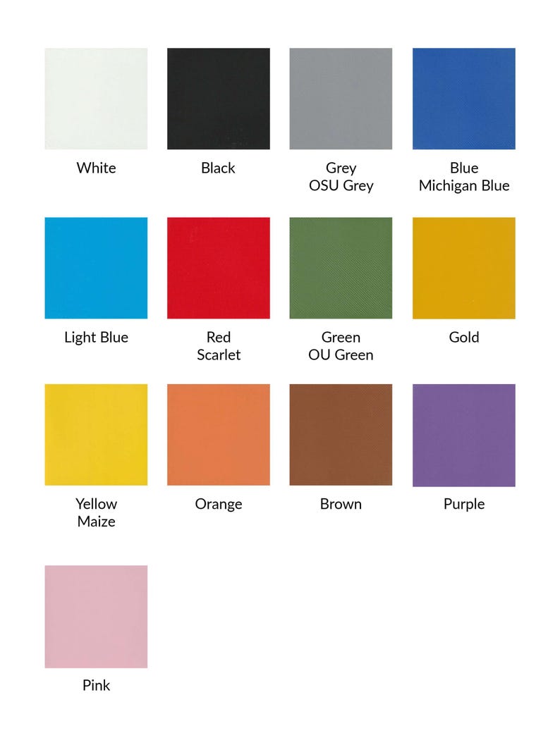 May include: A color chart featuring squares of various colors, including white, black, grey, blue, light blue, red, green, gold, yellow, orange, brown, purple, and pink. Each square is labeled with its corresponding color name.