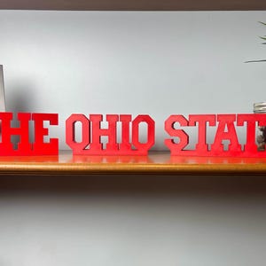May include: A red wooden sign that reads "THE OHIO STATE" in bold, block letters. The sign is displayed on a shelf with a framed picture, a potted plant, and a jar. The letters are in a collegiate font.
