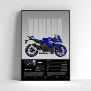 Può includere: Poster incorniciato con una motocicletta Yamaha YZF-R1 blu. Il poster include il logo Yamaha e le specifiche tecniche. La moto è raffigurata di profilo su sfondo grigio.