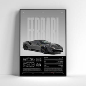 Puede incluir: Impresión enmarcada con un coche deportivo Ferrari gris oscuro. La palabra "FERRARI" está impresa en letras mayúsculas blancas grandes. Debajo del coche hay dibujos técnicos y especificaciones. La impresión está en un marco negro.