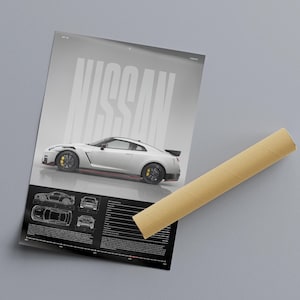 May include: A white Nissan sports car poster with the brand name in large, bold letters. The poster includes technical drawings and specifications. A rolled-up, tan poster tube rests beside the poster.