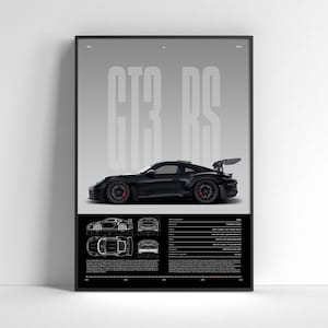 May include: Black framed poster featuring a black GT3 RS sports car. The poster includes the text "GT3 RS" in large, vertical letters. Below the car are technical drawings and specifications. The background is a gradient of light and dark gray.