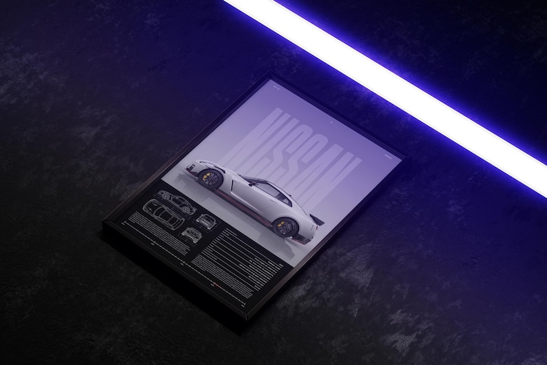 May include: Framed print of a white Nissan sports car with red detailing. The word "NISSAN" is displayed in large letters. Below the car are technical drawings and specifications. The background is a gradient of dark blue and purple.