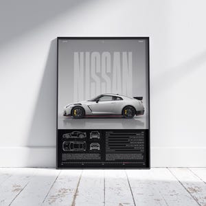 May include: Framed poster showing a silver Nissan sports car with black detailing and yellow brake calipers. The word "NISSAN" is displayed in large, grey letters above the car. Below the car are technical drawings and specifications. The poster is in a black frame.