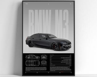 BMW M3 G80 wedstrijdposter | Luxe sport sedan muurkunst | Moderne autoprint | Cadeau voor autoliefhebber | Autoafdruk autoposter