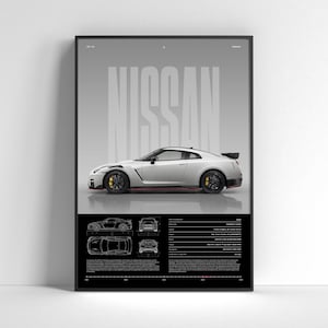 May include: A framed poster featuring a white Nissan GT-R sports car. The poster includes the word "NISSAN" in large, gray letters, along with technical diagrams and specifications. The car has black wheels with yellow brake calipers and a red accent stripe.