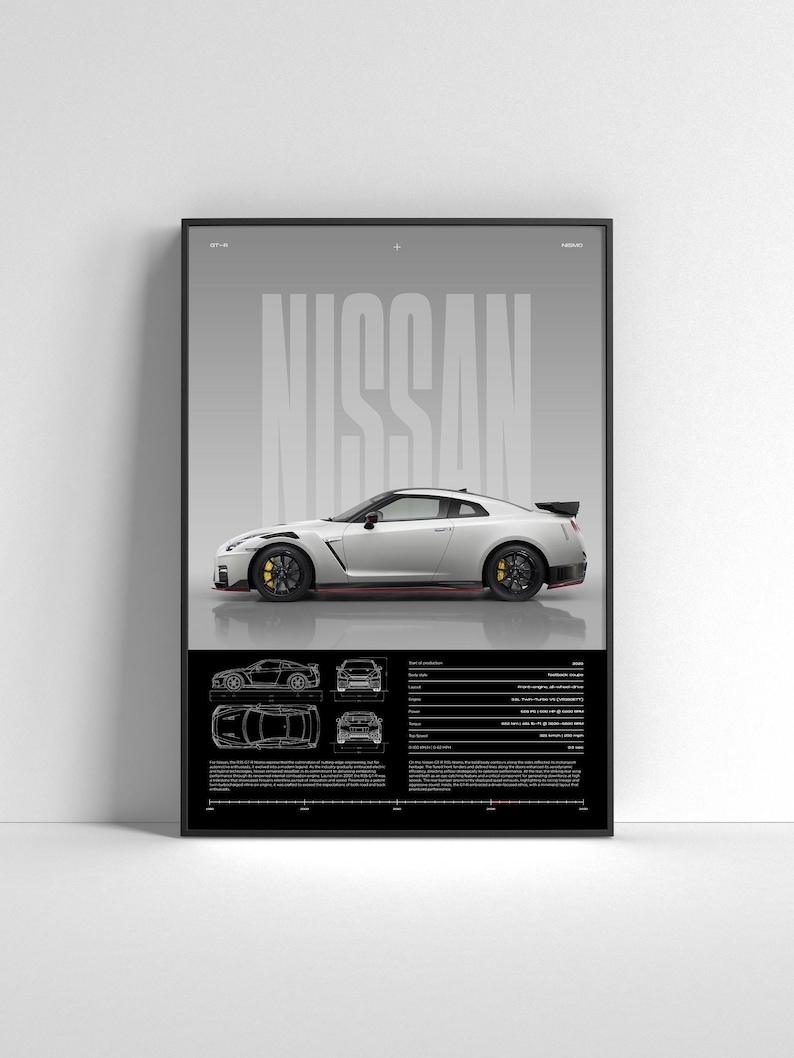 May include: Framed poster of a white Nissan GT-R sports car. The poster displays the word "NISSAN" in large, grey letters, plus technical diagrams and specifications. The car has black wheels with yellow brake calipers and a red accent stripe.