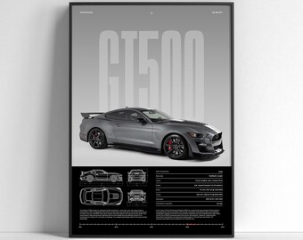 Plakat z Fordem Mustangiem Shelby GT500 | Amerykański muscle car, grafika ścienna | Klasyczny samochód sportowy | Prezent dla miłośnika motoryzacji | Plakat z nadrukiem samochodu