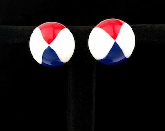 Vintage Crown Trifari Red White Blue Dome Clip Earrings - Ceramic - Patriotic - 1940s 1950s