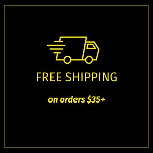 May include: Black background with a yellow outline and a yellow graphic of a delivery truck. The text "FREE SHIPPING" is displayed in yellow, along with the text "on orders $35+".