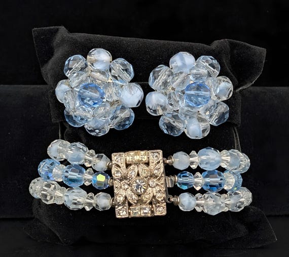 West Germany Crystal Bracelet Earrings Set – Blue Givre and AB Beads – Vintage Signed