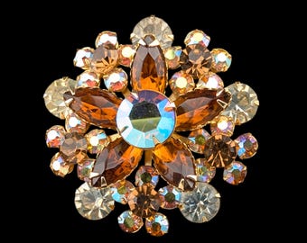 Vintage Topaz Rhinestone Brooch – Aurora Borealis – Gold Tone Riveted Sunburst Tiered Construction