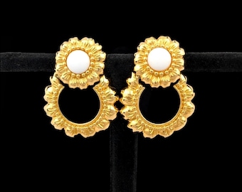 Vintage Trifari Gold Tone Door Knocker Clip Earrings - White Cabochon - Flower Hoop - 1980s 1990s