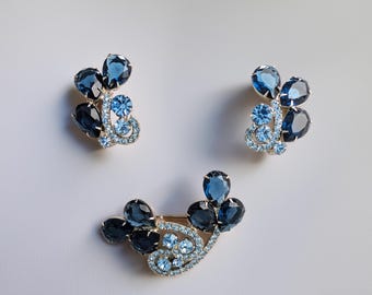 Juliana Brooch Earring Set - Sapphire Blue Rhinestone  - Vintage Demi-parure