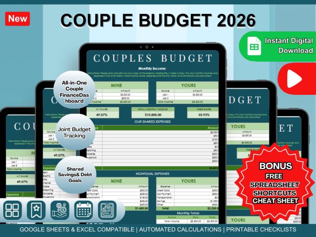 Couples Monthly Budget Spreadsheet Template| Shared Budget Expense