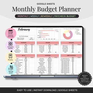 May include: A digital monthly budget planner displayed on a laptop screen. The spreadsheet template includes sections for income, expenses, savings, and debt payments, with a focus on February. The design is in shades of pink and white.
