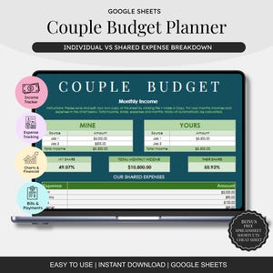 May include: A laptop displaying a "Couple Budget Planner" spreadsheet in Google Sheets. The teal-colored spreadsheet shows income and expense tracking, with sections for "Mine" and "Yours." The screen also features icons for income tracking, expense tracking, charts, and bills.