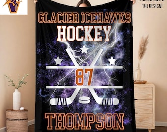 Personalized Hockey Name and Number Blanket, Custom Gift for Hockey Player, Hockey Mom, Hockey Team Minky or Sherpa Blanket