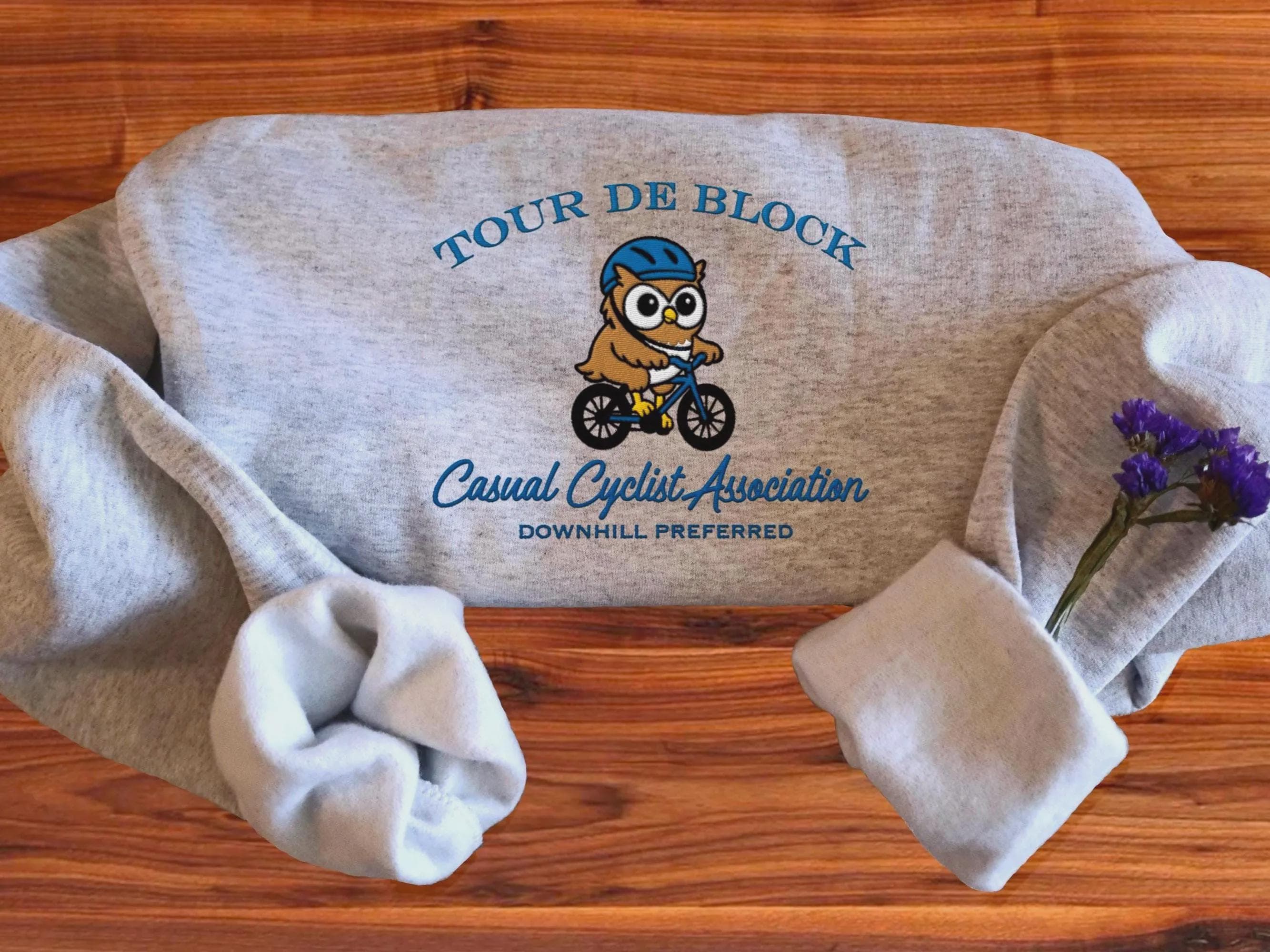 Embroidered Funny Cycling Sweatshirt, Owl Bike Crewneck, Casual Cyclist Gift, Tour de Block Unisex P