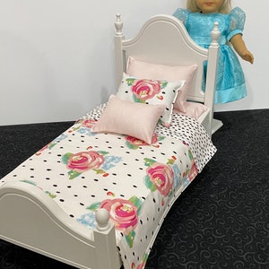 Doll furniture, 18-inch Doll furniture: a white bed with pink and white bedding. Shipping is included in the price. Bed bedding