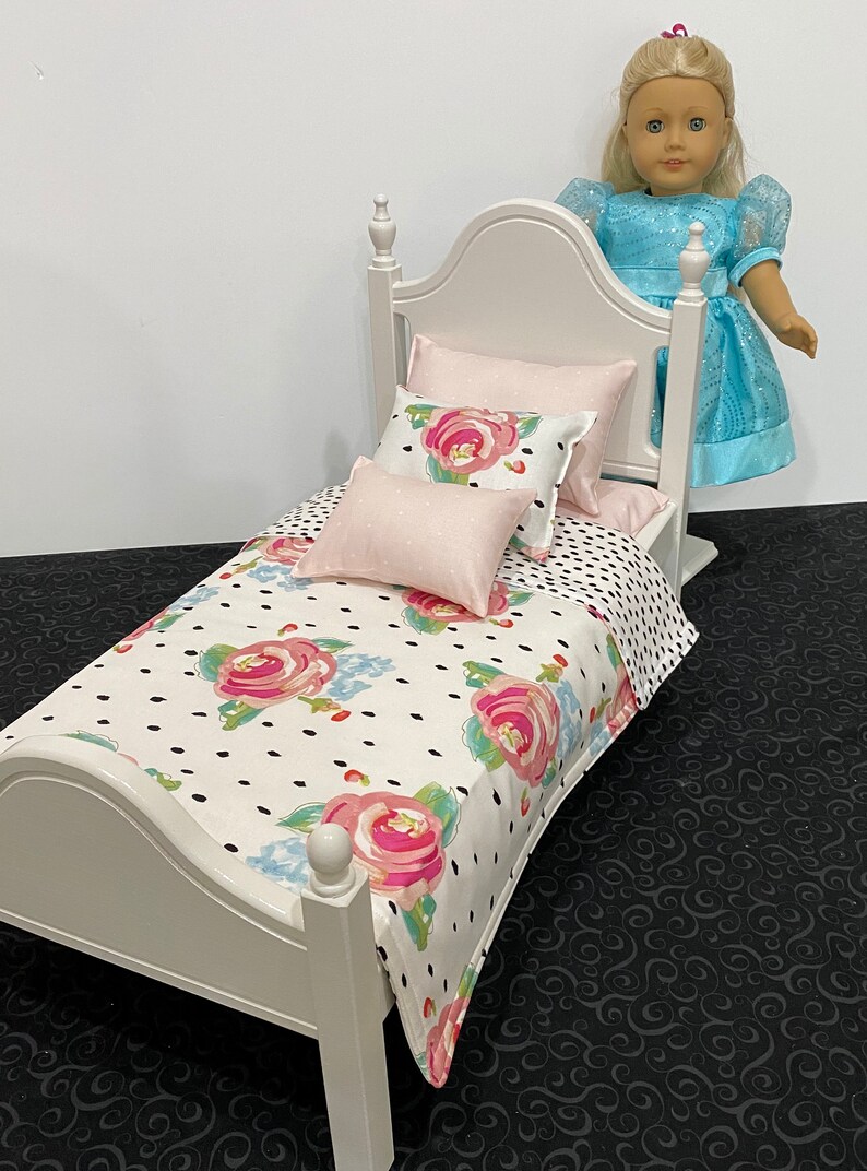 Doll furniture, 18-inch Doll furniture: a white bed with pink and white bedding. Shipping is included in the price. Bed bedding