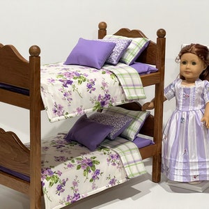 Doll bunk beds for 18-in dolls with Purple and Green bedding. Shipping is included in the price. Bed bedding