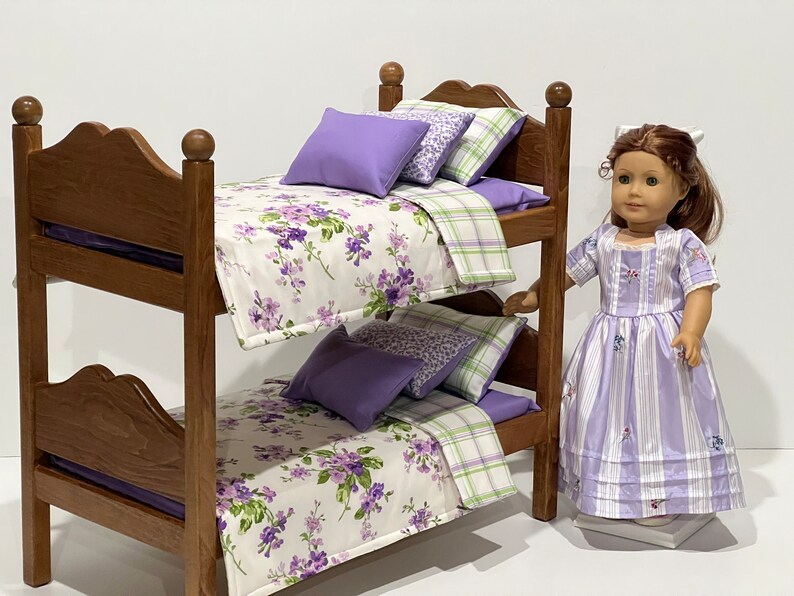 Doll bunk beds for 18-in dolls with Purple and Green bedding. Shipping is included in the price. Bed bedding