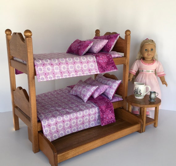 American Girl Doll Bunk Beds Oak Stained With Purple And Lavender Bedding For 18 In Dolls