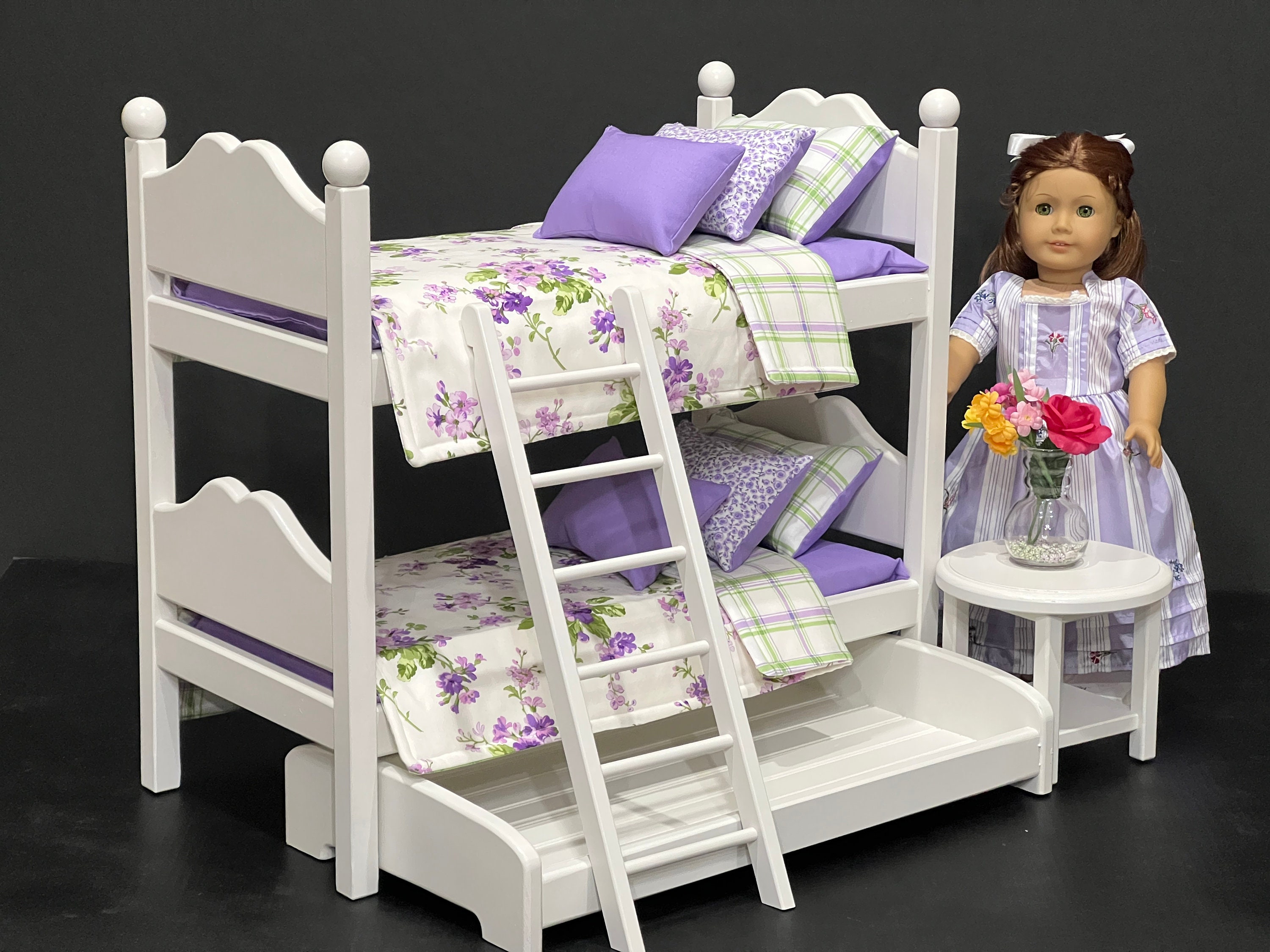 Doll Bunk Bed for 18 inch Dolls With Purple and White Bedding
