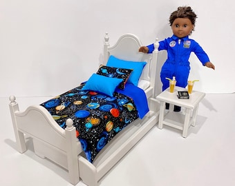 White bed for an 18-inch boy or girl Doll with Celestial bedding. Shipping is included in the price.