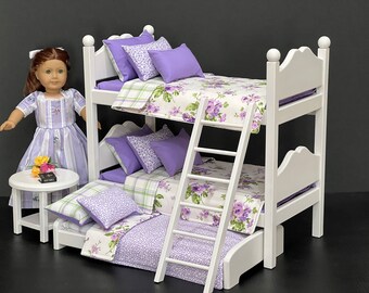 Doll Bunk bed for 18-inch dolls with purple and white bedding. Shipping is now included in the price.