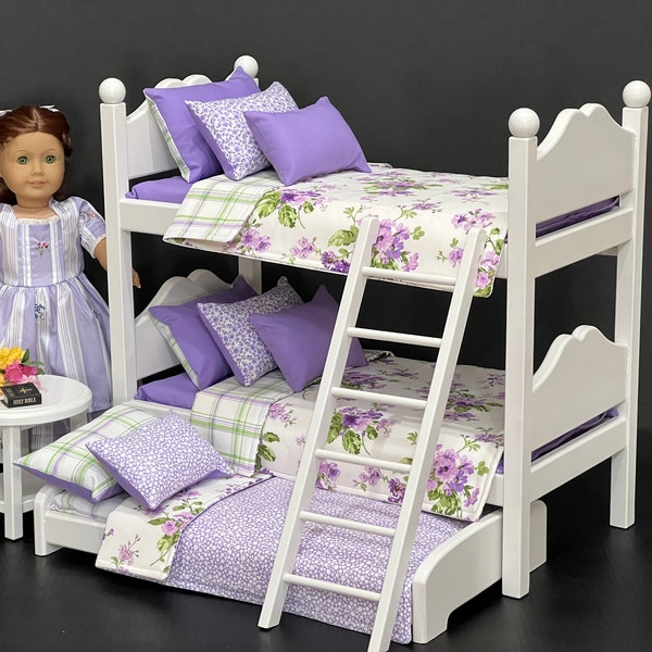 Doll Bunk bed for 18-inch dolls with purple and white bedding. Shipping is now included in the price.