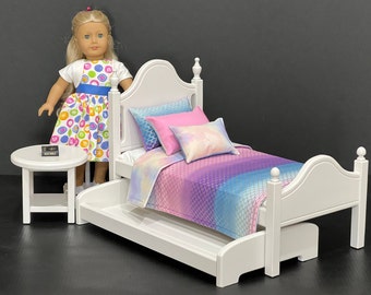 Doll Bed for 18 in-dolls with pink, purple, and blue bedding. Shipping is now included in the price.