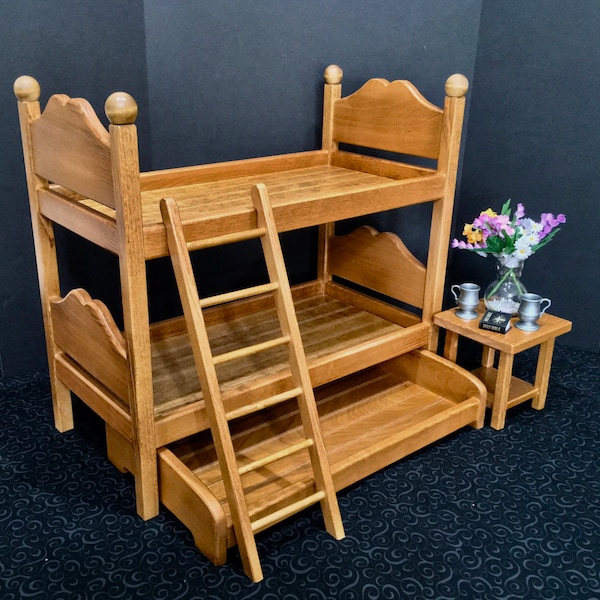 Doll oak-stained bunk bed for an 18-inch doll with free shipping.