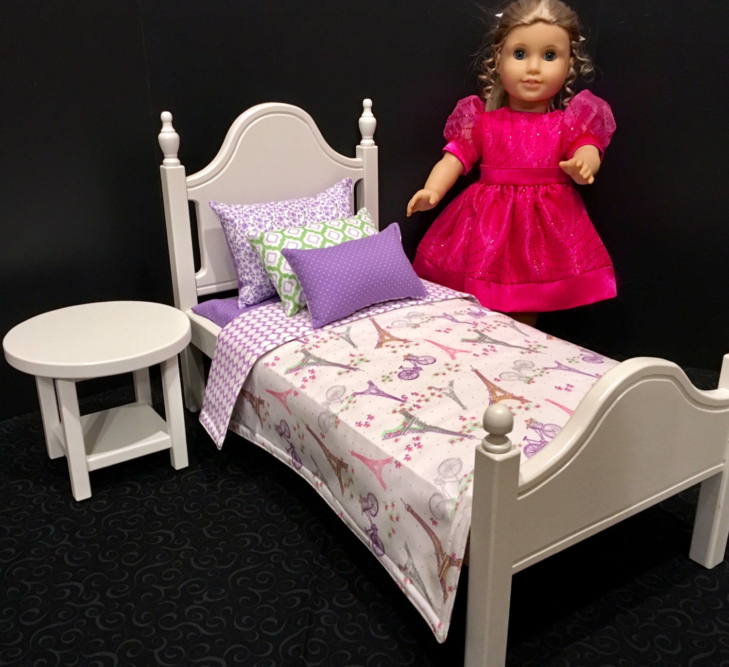 American Girl Doll Furniture white bed with Paris bedding for Etsy