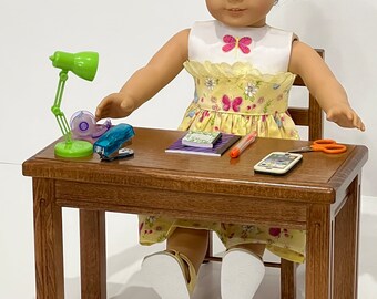 Oak-stained student desk and chair for an 18-in doll. Shipping is included in the price.