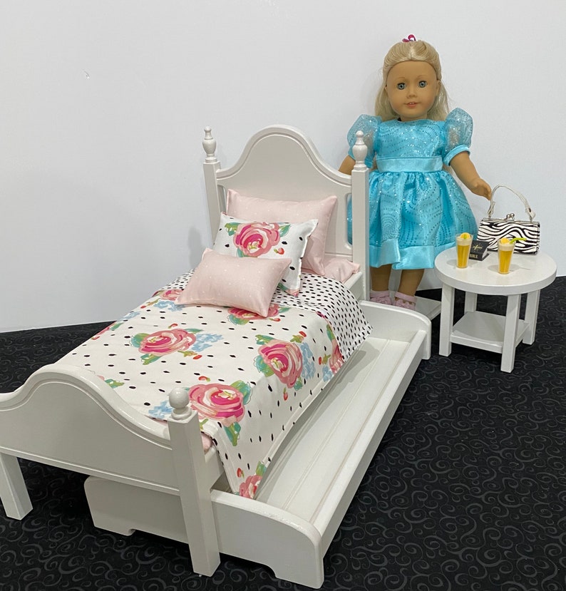 Doll furniture, 18-inch Doll furniture: a white bed with pink and white bedding. Shipping is included in the price. image 1