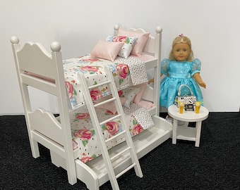 Doll Bunk bed for 18-inch dolls with white, pink, and black bedding. Shipping is now included in the price.