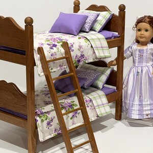 Doll bunk beds for 18-in dolls with Purple and Green bedding. Shipping is included in the price. bed and ladder