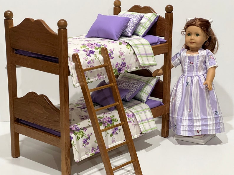 Doll bunk beds for 18-in dolls with Purple and Green bedding. Shipping is included in the price. bed and ladder