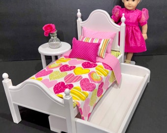 Doll furniture, 18-in white bed with pink, green, and white bedding. Last one. Shipping is included in the price.