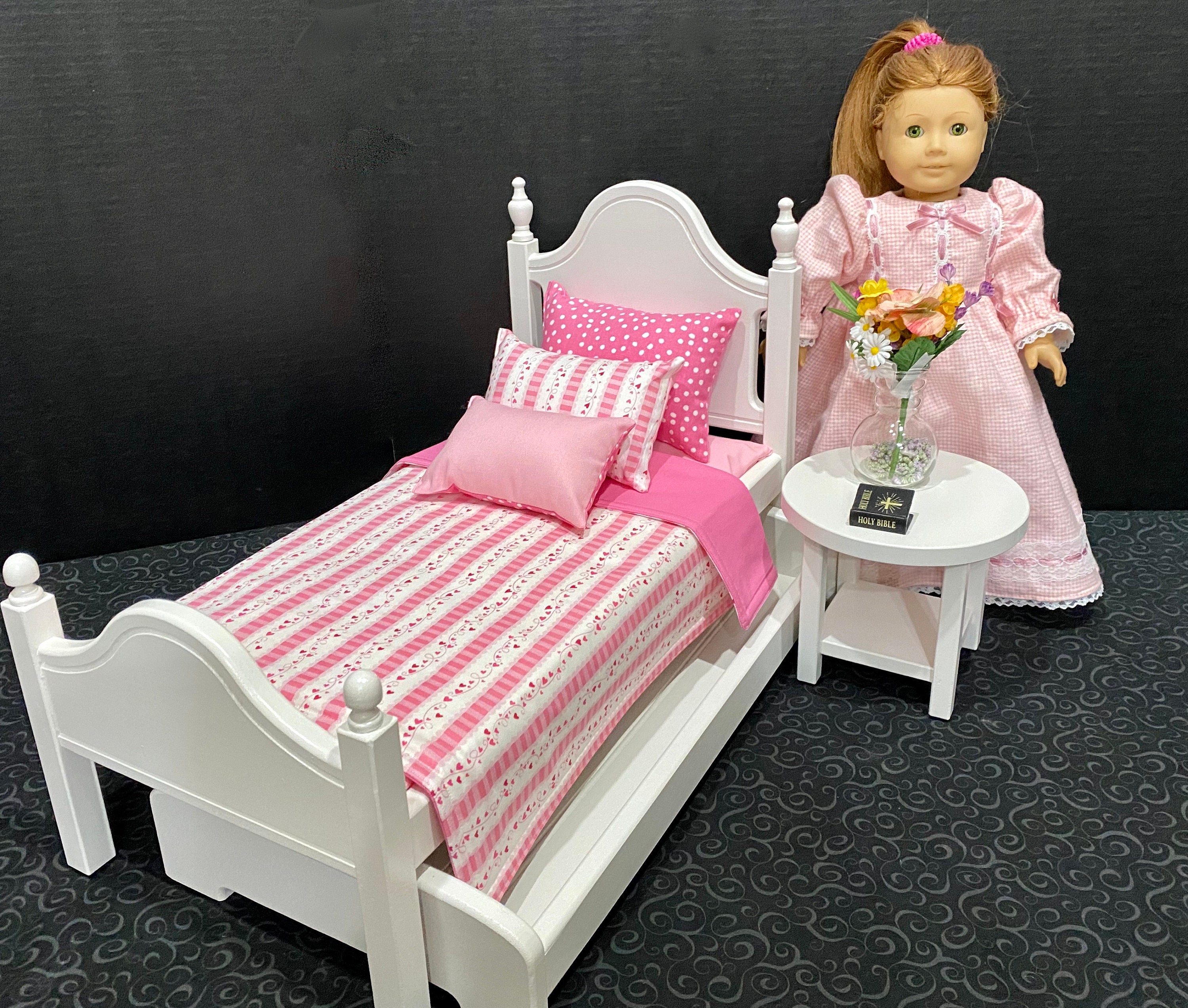 American Girl Doll Furniture white bed with pink and white Etsy