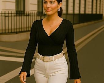 Striped V-Neck Knit Top: Slim Fit Long Sleeve Tee