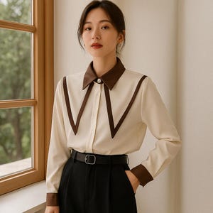 Puede incluir: Blusa de manga larga color crema con cuello y ribetes marrones. La blusa tiene una botonadura frontal y un cinturón negro. El cuello tiene un botón decorativo. Las mangas tienen puños marrones. La blusa se combina con pantalones negros.