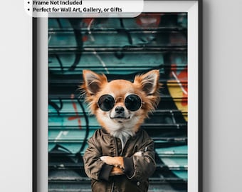 Wandbild mit Hund | Stylischer Chihuahua (Sonnenbrille & Bomberjacke) | Poster zum digitalen Download