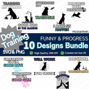 Può includere: Una collezione di dieci design per l'addestramento del cane in formati SVG e PNG. I design presentano sagome di cani con frasi come "Training My Human", "I Make Sit Happen" e "Dog Training Squad". I design sono etichettati come "Funny & Progress".