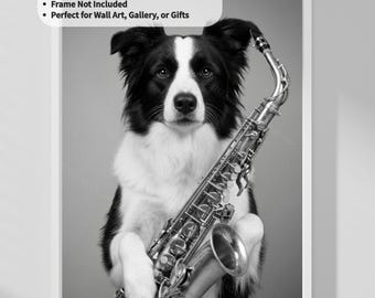Border Collie with Saxophone Wall Art | Black & White Digital Download | Jazz Home Decor | Music Dogs Collection | Instant Download